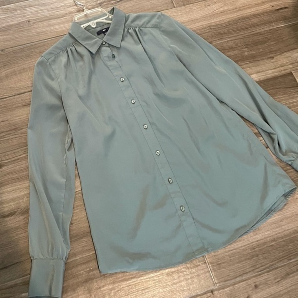 GAP Satin Silky Gray Blue Teal Dress Blouse